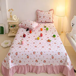 JC HOME Pink & Green Conversational 162 TC Double Superking Bed Cover With 2 Pillow Covers-picture-12