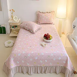 JC HOME Pink & White Conversational 162 TC Double Superking Bed Cover & 2 Pillow Covers-picture-18