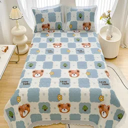 JC HOME Blue & White Conversational 128 TC Double Queen Bed Cover With 2 Pillow Covers-picture-46