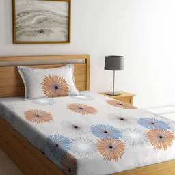 Arrabi Beige & Blue Floral 300 TC Flat Single Bedsheet with 1 Pillow Cover-picture-15