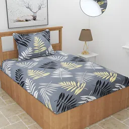 BREVARD Grey Black Yellow Polycotton 210 TC Single Fitted Bedsheets with 1 Pillow Cover-image-90