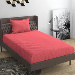 Bromwick Pink& White Striped Cotton 210 TC Single Bedsheet with 1 Pillow Cover-image-35