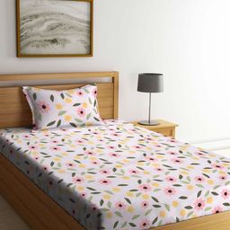Arrabi Pink & Blue Floral 300 TC Single Bedsheet with 1 Pillow Cover-picture-42