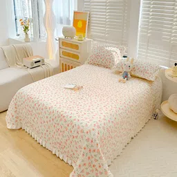 JC HOME White & Pink Floral Printed 162 TC Double King Bed Cover & 2 Pillow Covers-picture-40