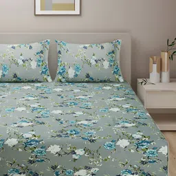 Aura Veda Blue & Green Floral Cotton 160 TC King Bedsheet with 2 Pillow Covers-picture-21