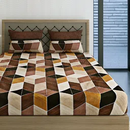 Aura Veda Orange & Cream Geometric Cotton 160 TC Fitted King Bedsheet with 2 Pillow Covers-picture-38