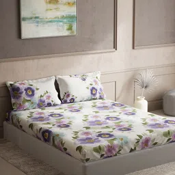 DDecor Purple & Green Floral Cotton 150 TC King Bedsheet With 2 Pillow Covers-image-32
