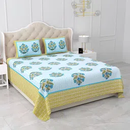 Qfab Blue & Yellow Floral 210 TC Cotton King Bedsheet with 2 Pillow Covers-image-20