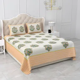 Qfab White & Orange Floral 210 TC Cotton King Bedsheet with 2 Pillow Covers-picture-41