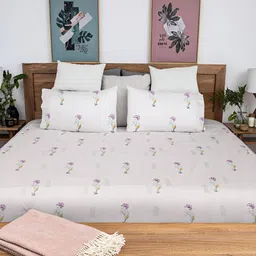 Baarno White & Purple Floral 220 TC Cotton King Bedsheet with 2 Pillow Covers-picture-20