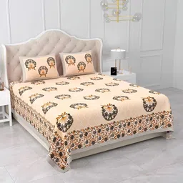 Qfab Brown & Grey Floral Printed Cotton 250 TC King Bedsheet With 2 Pillow Covers-image-4