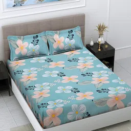 FABINALIV Blue & Pink Floral 300 TC Fitted King Bedsheet With 2 Pillow Covers-image-23