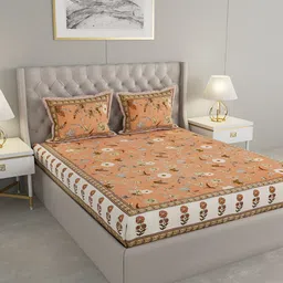 Wayne Martin Orange Floral Printed Cotton 330 TC King Bedsheet With 2 Pillow Covers-image-23