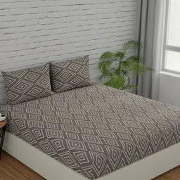 Huesland Comfort Taupe & White Printed 144 TC Cotton Queen Bedsheet & 2 Pillow Covers-picture-0