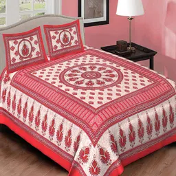 Qfab Red& White Geometric Cotton144 TC Queen Bedsheet with 2 Pillow Covers-picture-20