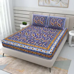 Wayne Martin Blue & White Floral Cotton 210 TC Queen Bedsheet With 2 Pillow Covers-picture-15