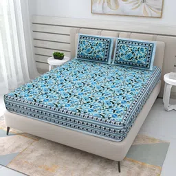 Wayne Martin Blue & Black Floral Cotton 210 TC Queen Bedsheet With 2 Pillow Covers-image-9