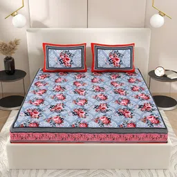 Wayne Martin Blue Floral Pure Cotton 210 TC Double Queen Bedsheet with 2 Pillow Covers-picture-19