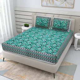 Wayne Martin Teal & White Floral Cotton 210 TC Queen Bedsheet With 2 Pillow Covers-picture-11