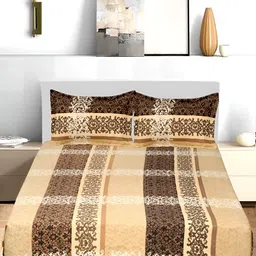 Bromwick Beige &White Ethnic Motifs Cotton 210 TC Queen Bedsheet with 2 Pillow Covers-image-34