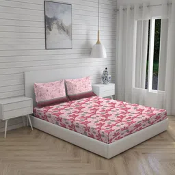 Layers Pink & Grey Floral 230 TC Cotton Queen Bedsheet with 2 Pillow Covers-image-97