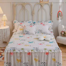 JC HOME White  Blue Printed Double King Bed Cover With Pillow Covers-picture-48