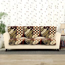 BELLA TRUE Set Of 6 Blue & Beige Leaf Printed Chennile 5-Seater Sofa Cover-picture-29
