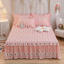 JC HOME White & Pink Printed Pure Cotton Double King Bed Cover With Pillow Covers-picture-7