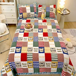 JC HOME  white Sky Blue & Red Printed 162TC Double King Bed Cover With 2 Pillow Covers-picture-42