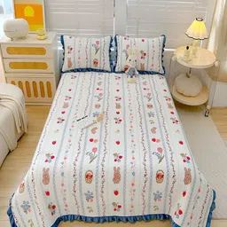 JC HOME White & Blue Printed 162 TC Double Queen Bed Cover With 2 Pillow Covers-picture-45