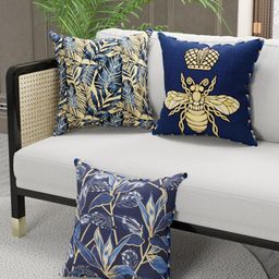 BIANCA Navy Blue & Golden Set of 3 Floral Square Cushion Covers-picture-17