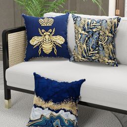 BIANCA Navy Blue & Gold-Toned Set of 3 Floral Square Cushion Covers-picture-22