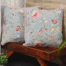 Clasiko Blue & Orange Set of 2 Floral Cotton Square Cushion Covers-picture-28