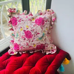 THROWPILLOW White & Pink Floral Printed Ruffled Square Cushion Cover-picture-15