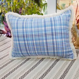 THROWPILLOW White & Blue Checked Leather Rectangle Cushion Cover-image-45