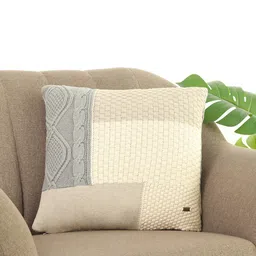 Pluchi Beige & Grey Embroidered Cotton Square Cushion Cover image 1