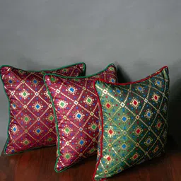RoyalDeco Burgundy & Green 3 Pieces Geometric Zari Square Cushion Covers-picture-28