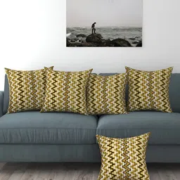 BIGGER FISH Yellow  & White 5 Pieces Geometric Velvet Square Cushion Covers image 1