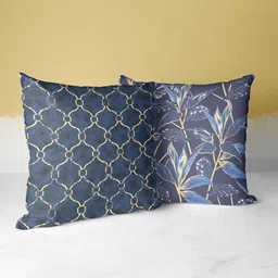 BIANCA Navy Blue & Gold-Toned Set of 2 Floral Square Cushion Covers image 2