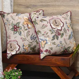 Clasiko Beige & White Set of 2 Floral Cotton Square Cushion Covers image 5
