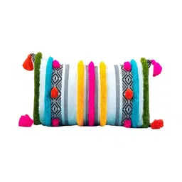 THROWPILLOW White & Blue Geometric Embroidered Tasselled Rectangle Cushion Cover image 3