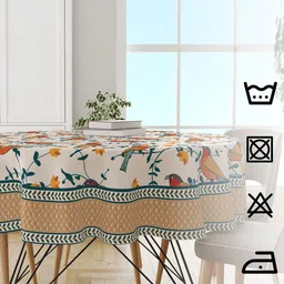 Astitva Cream Coloured & Green Birds Printed Pure Cotton Round Shaped 4 Seater Table Cover image 2