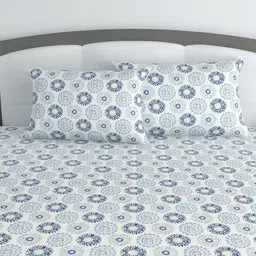 Divine Casa Prisham Blue White Printed Cotton 144 TC King Bedsheet With 2 Pillow Covers image 4