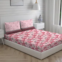 Layers Pink & Grey Floral 230 TC Cotton Queen Bedsheet with 2 Pillow Covers image 5