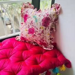 THROWPILLOW White & Pink Floral Printed Ruffled Square Cushion Cover image 2