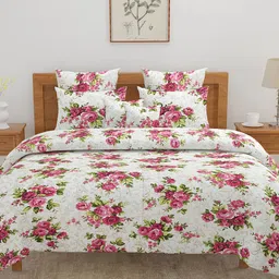 SWAYAM White & Pink Floral Cotton 160 TC Queen Bedsheet With 2 Pillow Covers image 5