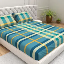 THE WHITE MOSS Blue & Green 144 TC Queen Bedsheet with 2 Pillow Covers image 4