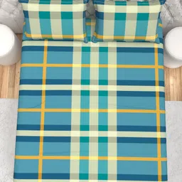 THE WHITE MOSS Blue & Green 144 TC Queen Bedsheet with 2 Pillow Covers image 2