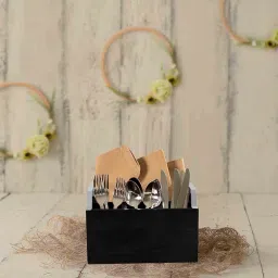 Metalsmith Premium Solid Wood Cutlery Holder With Metal Handle | Multipurpose Cutlery Organiser I Tableware Storage Box l Black & Silver image 2