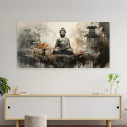 nestroots Canvas Framed Buddha in Tranquility on Rock Wall Painting image 1